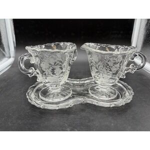 Vintage Etched Clear Glass Creamer and Sugar Set with Underplate Tray Floral